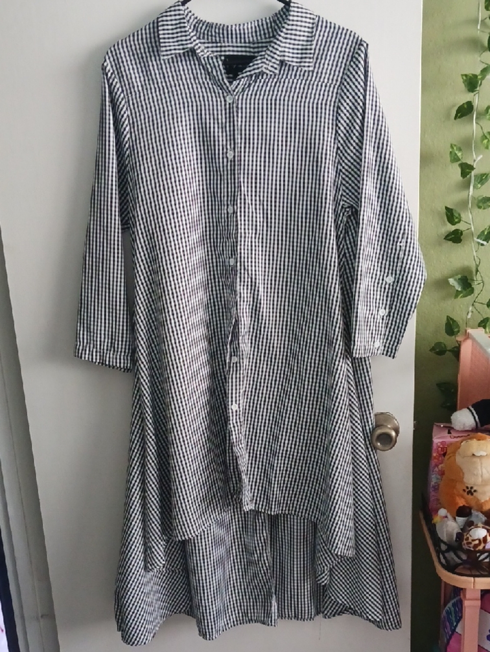 Black & White Checked Longline Button-Up Shirt